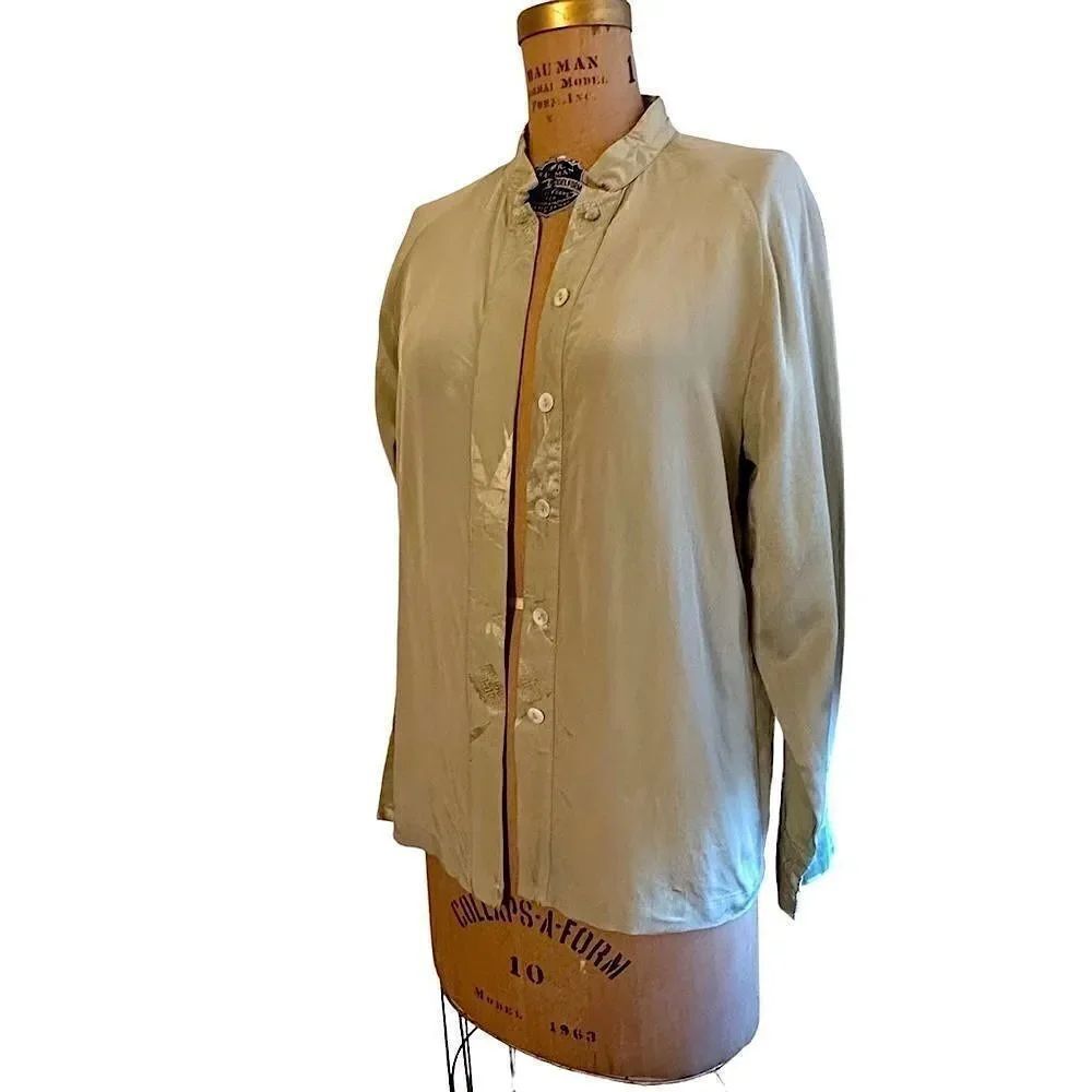 Simone Chin Chin Pale Green Mandarin Collar Blouse Size Medium